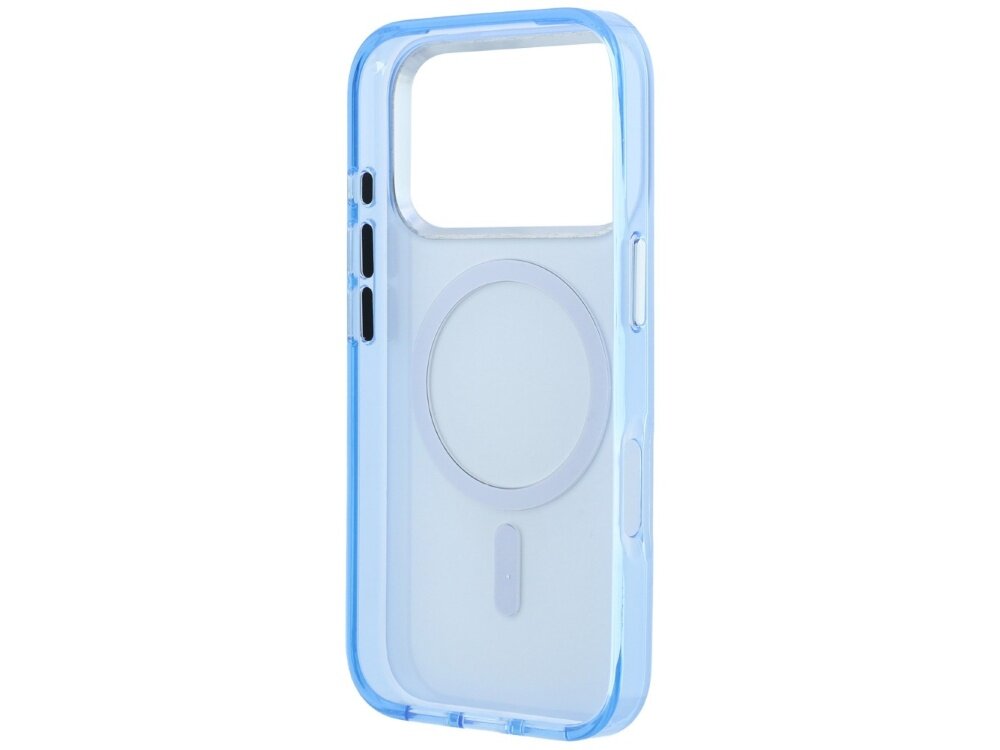 Jasnoniebieskie etui na telefon z przezroczystym tyłem i okrągłym wzorem na środku, przeznaczone do urządzeń z funkcją MagSafe.