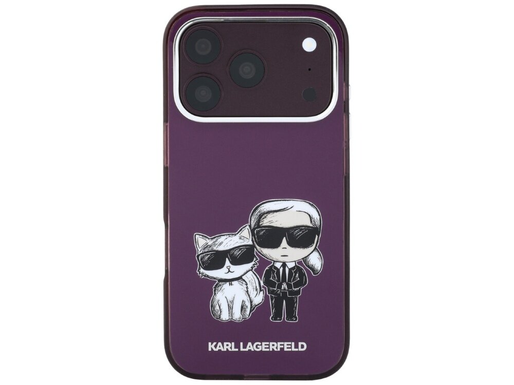 Burgundowe etui na telefon z grafiką przedstawiającą postać w okularach przeciwsłonecznych i kota, również w okularach. Na dole widoczny jest napis \'KARL LAGERFELD\'.
