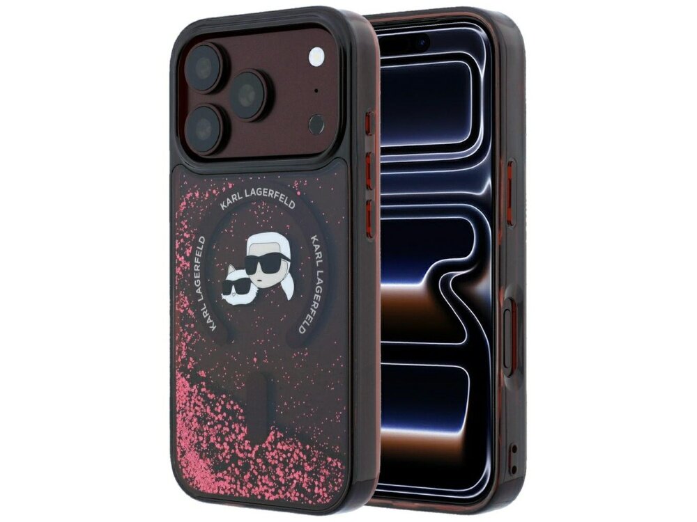 Etui na telefon z grafiką przedstawiającą dwie postacie w okularach przeciwsłonecznych oraz napis \'KARL LAGERFELD\'. Etui ma brokatowy wzór w kolorze burgundowym.