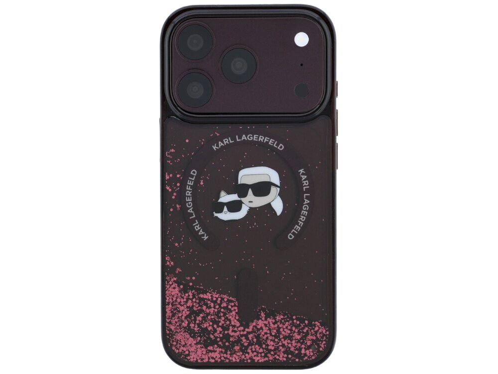 Etui na telefon z trzema aparatami, ozdobione różowym brokatem i grafiką dwóch postaci w okularach przeciwsłonecznych. Widoczny tekst: \'KARL LAGERFELD\'.
