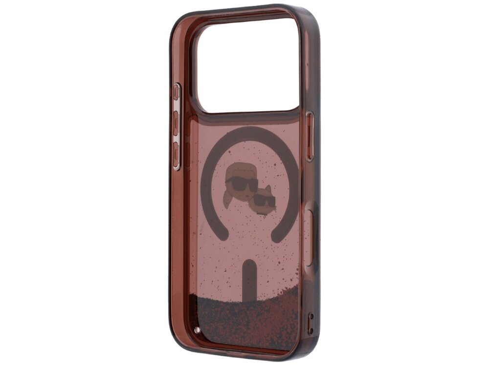 Burgundowe etui na telefon z przezroczystym panelem, na którym widnieje grafika dwóch postaci w okularach przeciwsłonecznych. W tle widoczny jest okrągły wzór z brokatem wewnątrz obudowy.