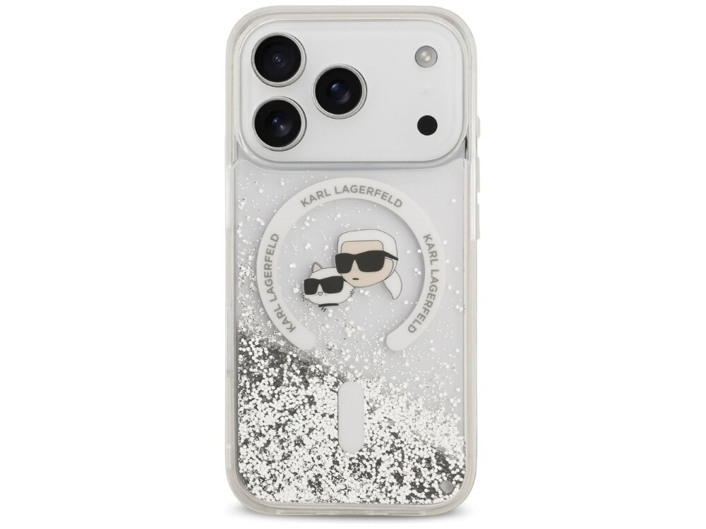 Przezroczyste etui na telefon z trzema wycięciami na aparaty, ozdobione srebrnym brokatem i grafiką dwóch postaci w okularach przeciwsłonecznych. Na etui widnieje napis \'KARL LAGERFELD\'.