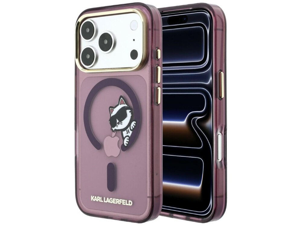 Burgundowe etui na telefon z przezroczystym panelem, ozdobione grafiką kota w okularach przeciwsłonecznych oraz logo Apple. Na dole widoczny jest napis \'KARL LAGERFELD\'.