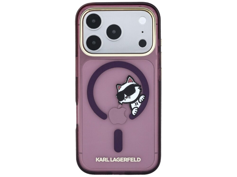 Etui na telefon w kolorze burgundowym z grafiką kota w okularach przeciwsłonecznych oraz logo Apple. Na dole widoczny jest napis \'KARL LAGERFELD\'.