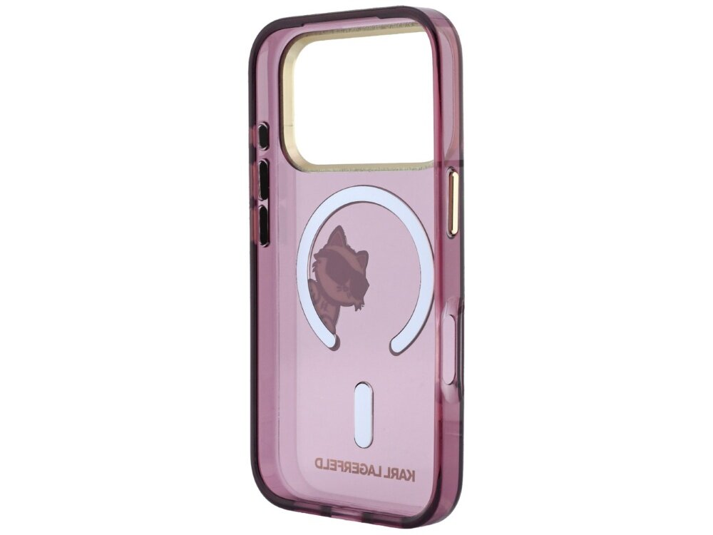 Burgundowe etui na telefon z przezroczystym panelem i logo KARL LAGERFELD. Widoczny jest okrągły wzór MagSafe oraz sylwetka kota.