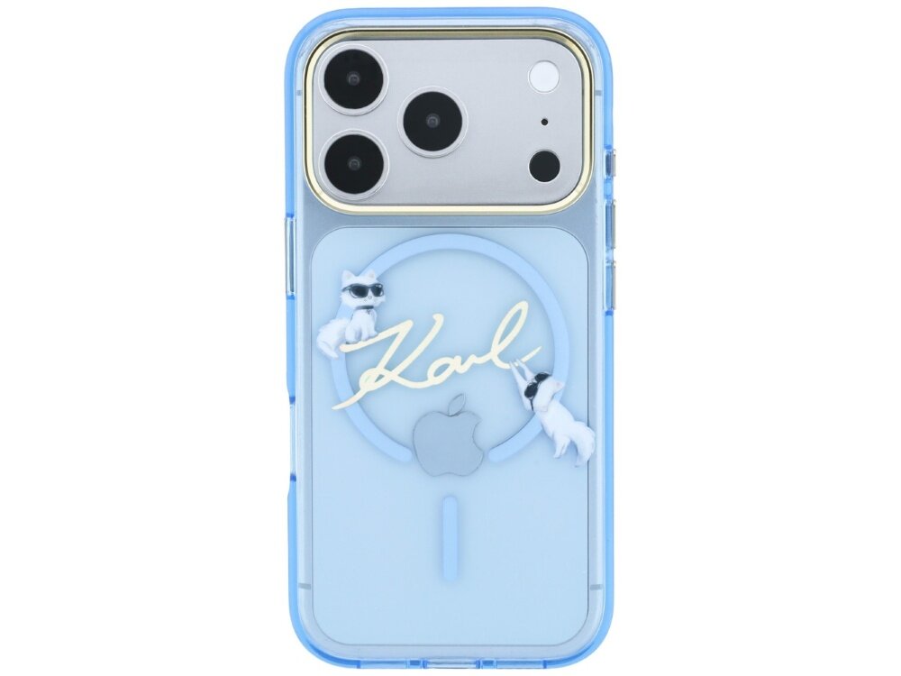 Jasnoniebieskie etui na telefon z trzema aparatami, ozdobione napisem \'Karl\' oraz dwoma figurkami kotów w okularach. Widoczne jest logo w kształcie jabłka.