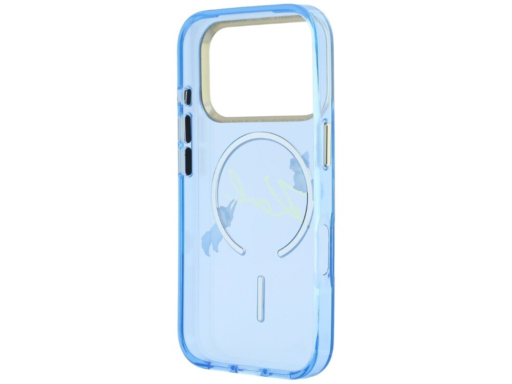 Jasnoniebieskie etui z przezroczystym tyłem i okrągłym wzorem, przeznaczone do telefonu Apple iPhone. Na etui widoczny jest napis w stylu skryptowym.