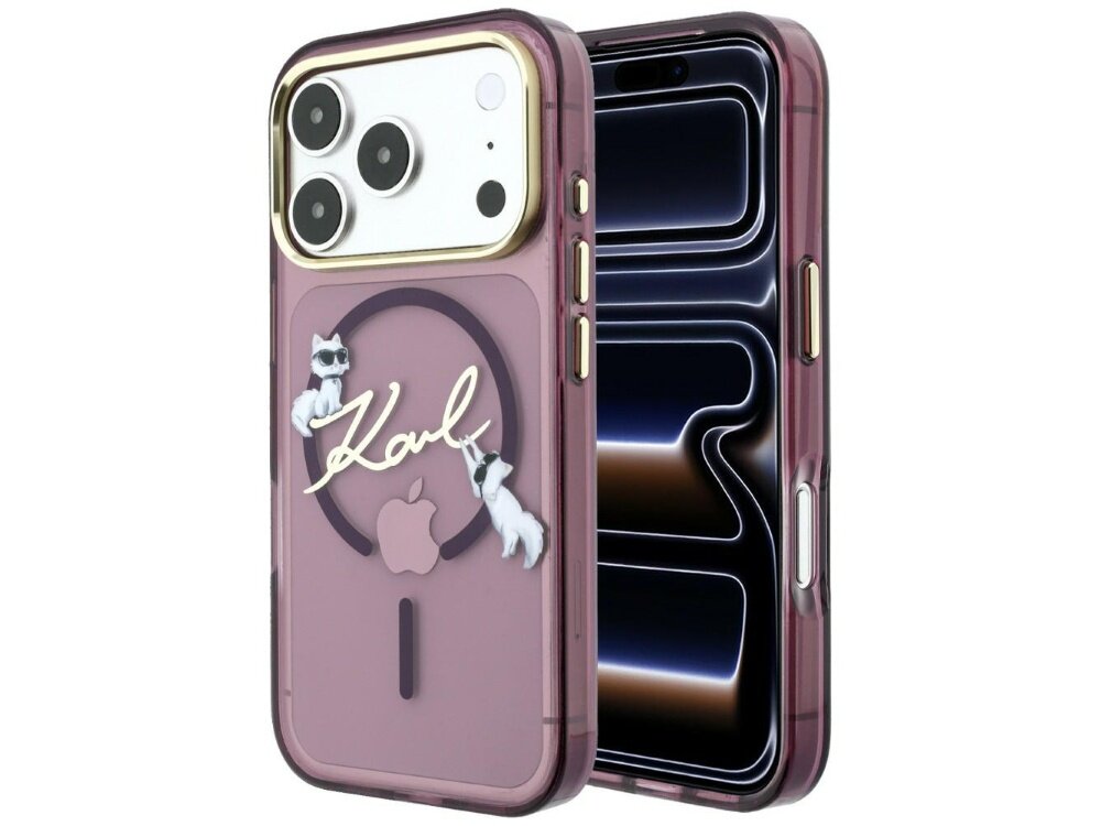 Burgundowe etui na telefon z przezroczystymi elementami, ozdobione napisem \'Karl\' oraz grafiką dwóch kotów. Widoczne jest logo w kształcie jabłka.