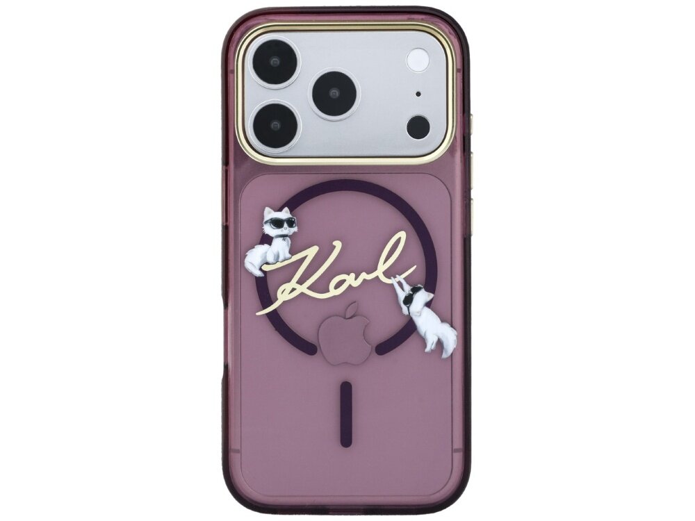 Burgundowe etui na telefon z trzema dużymi obiektywami aparatu, ozdobione złotym napisem \'Karl\' oraz dwoma białymi kotami w okularach. Na etui widoczne jest logo w kształcie jabłka.