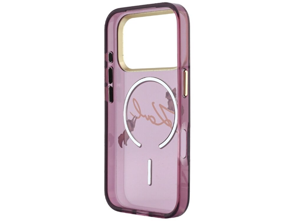 Burgundowe etui na telefon z przezroczystym tyłem, ozdobione napisem w kolorze złotym i okrągłym wzorem MagSafe. Etui posiada wycięcia na aparat i przyciski boczne.