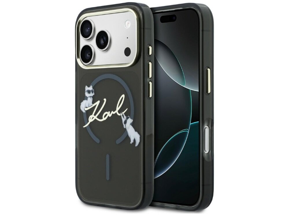 Czarne etui na telefon z napisem \'Karl\' i grafiką dwóch białych kotów. Etui jest przeznaczone do telefonu z trzema aparatami i posiada funkcję MagSafe.