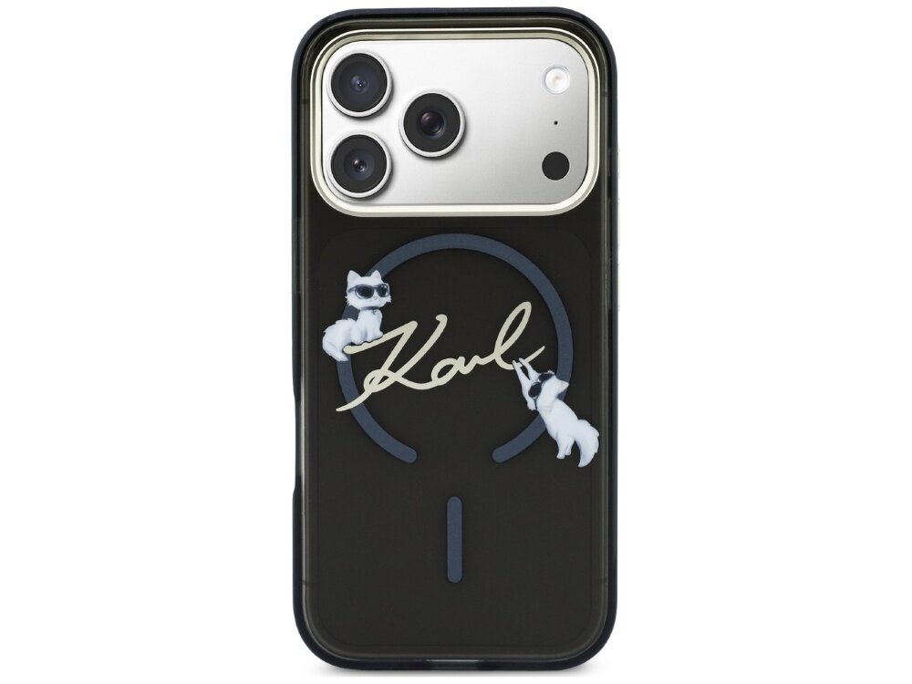 Czarne etui na telefon z trzema aparatami, ozdobione dwoma białymi kotami i napisem \'Karl\'.