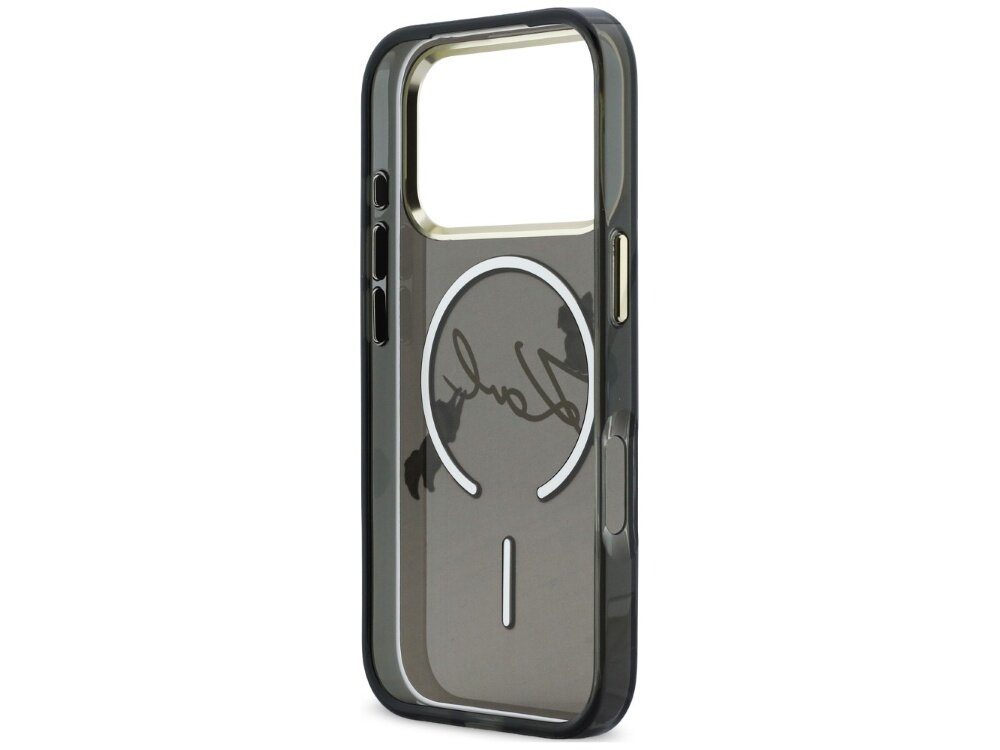 Czarne etui na telefon z przezroczystym panelem i białym okręgiem MagSafe oraz podpisem \'Karl\' na środku. Etui posiada wycięcia na przyciski i aparat.