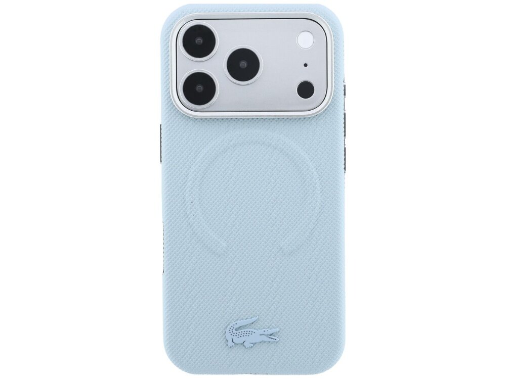 Niebieskie etui na telefon z trzema dużymi otworami na aparat i logo krokodyla na dole. Powierzchnia etui ma teksturę i jest przystosowana do MagSafe.
