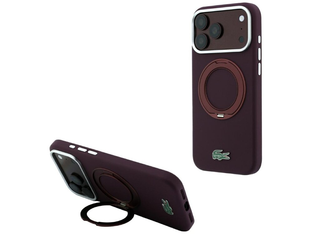 Burgundowe etui na telefon z pierścieniem MagSafe i logo krokodyla. Etui posiada wycięcia na aparat i przyciski boczne.