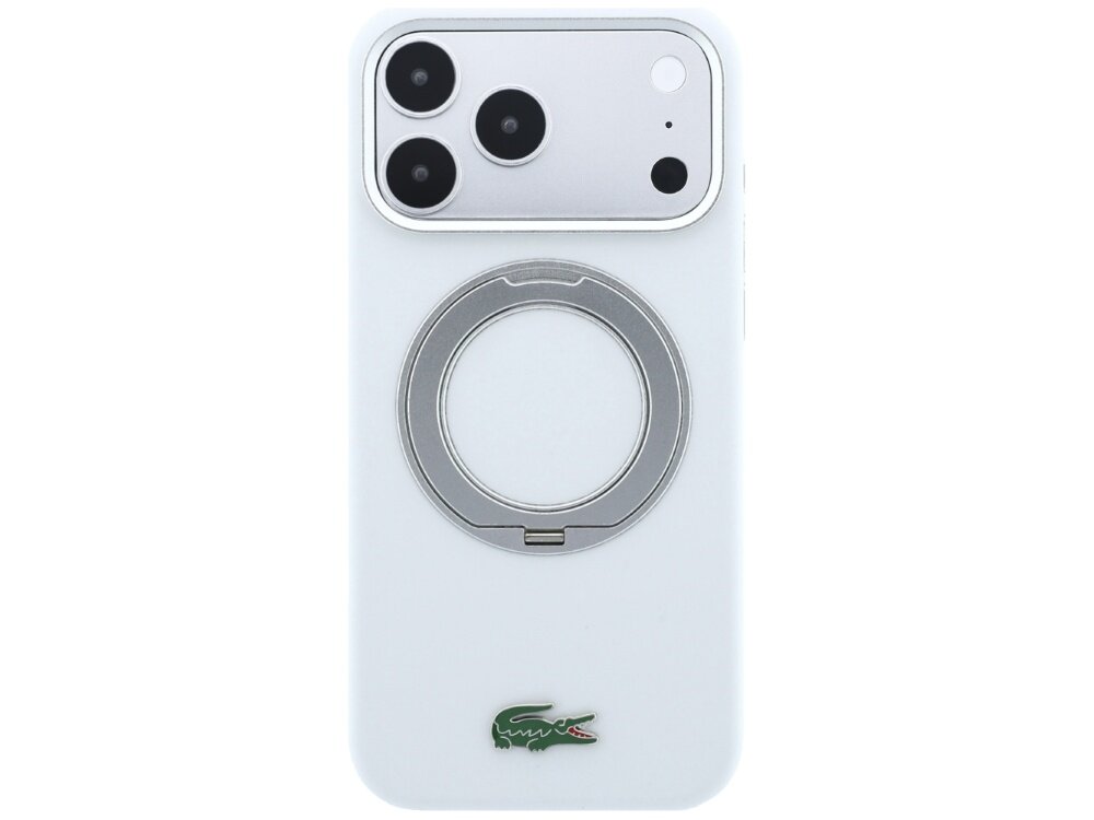 Jasnoszare etui z okrągłym uchwytem MagSafe i trzema otworami na aparat. Na dole widoczne jest logo krokodyla.