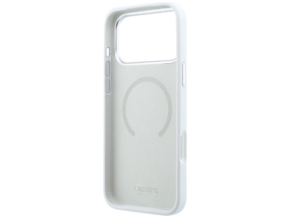 Jasnoszare etui z logo LACOSTE, posiada wycięcie na aparat i przyciski boczne. Wewnątrz widoczny jest okrągły wzór, sugerujący kompatybilność z MagSafe.
