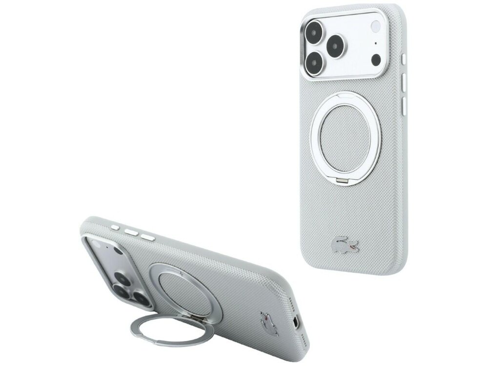 Szare etui na telefon z teksturą, wyposażone w okrągły uchwyt na tylnej stronie oraz logo w kształcie krokodyla. Etui jest przeznaczone do telefonu z trzema obiektywami aparatu.