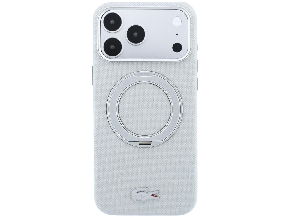 Szare etui na telefon z trzema dużymi otworami na aparaty oraz okrągłym uchwytem na środku. Na dole widoczne jest logo w kształcie krokodyla.