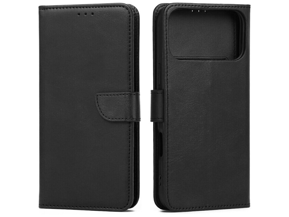 Czarne etui na telefon z klapką, wykonane z materiału imitującego skórę, z widocznym miejscem na aparat. Etui posiada zapięcie na magnes oraz otwory na głośnik.