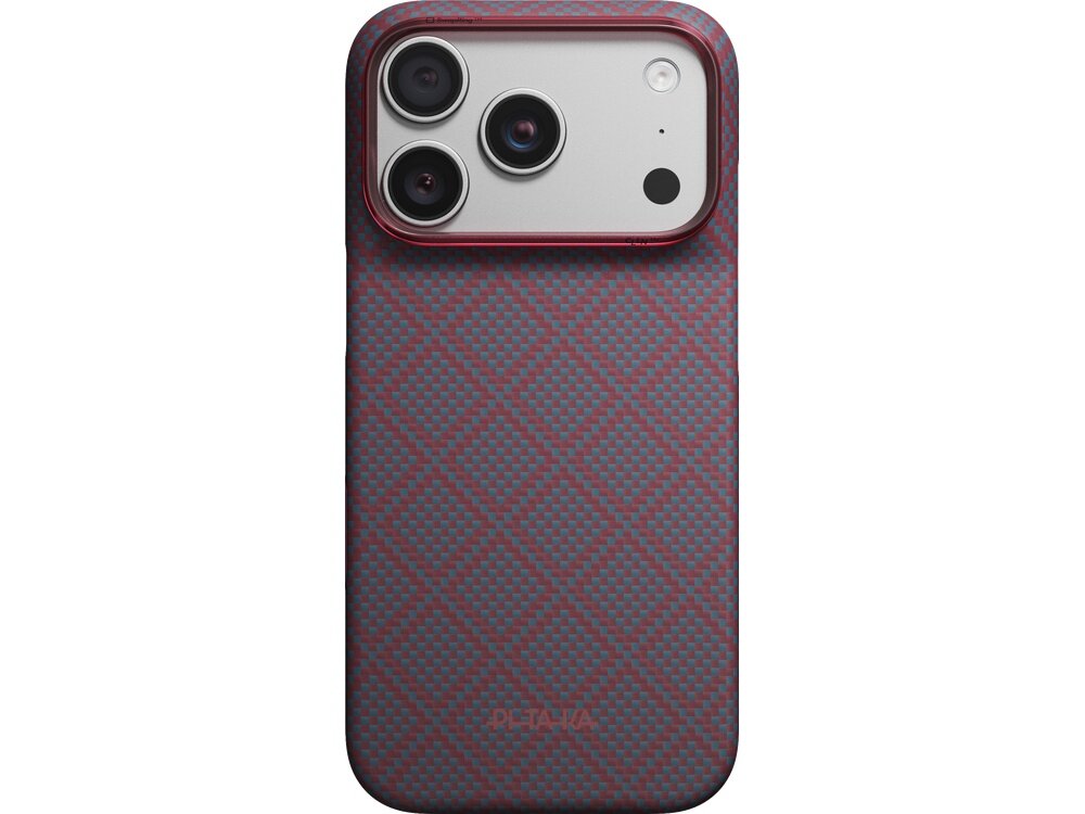 Etui na telefon z wzorem w romby w kolorach niebieskim i czerwonym, z trzema widocznymi obiektywami aparatu. Na etui widoczne jest logo \'PITAKA\'.