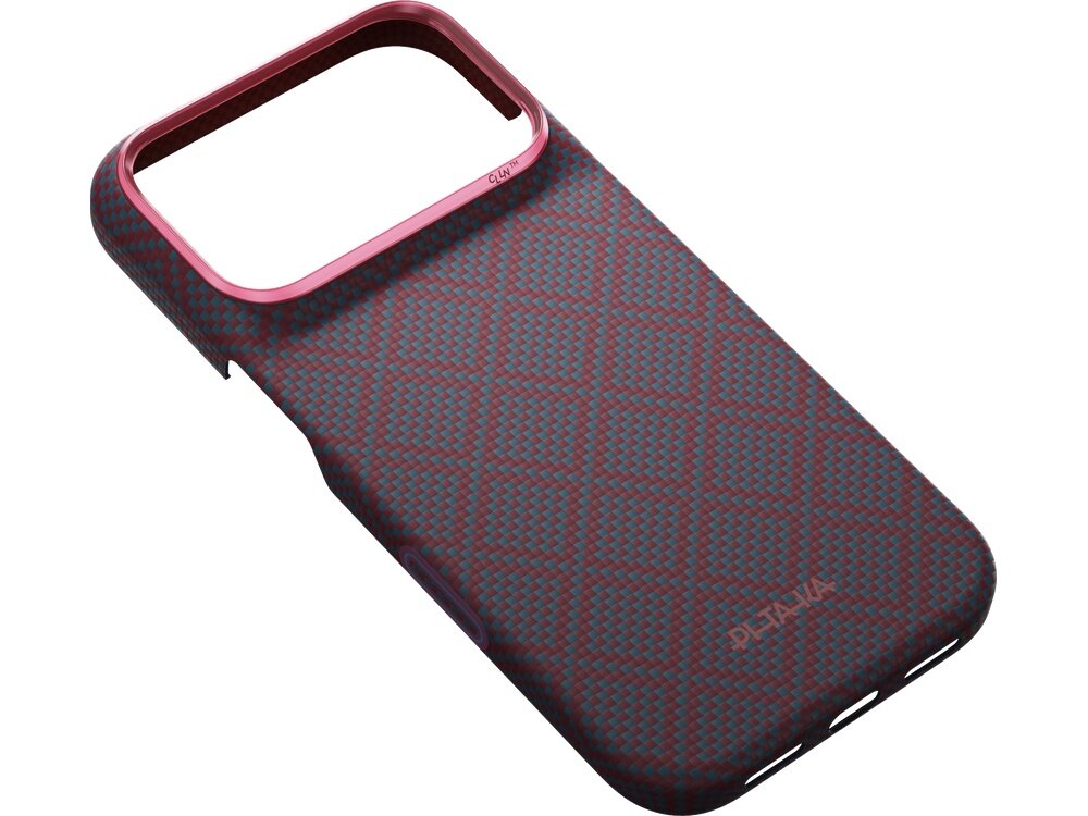 Etui na telefon z wzorem w romby w kolorach niebieskim i czerwonym, z dużym otworem na aparat. Na etui widoczne jest logo \'PITAKA\'.