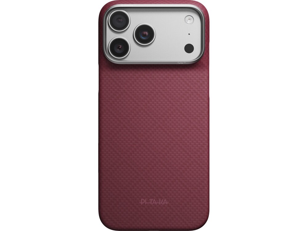 Burgundowe etui na telefon z trzema widocznymi obiektywami aparatu i napisem \'PITAKA\' na dole. Powierzchnia etui ma teksturę przypominającą wzór argyle.