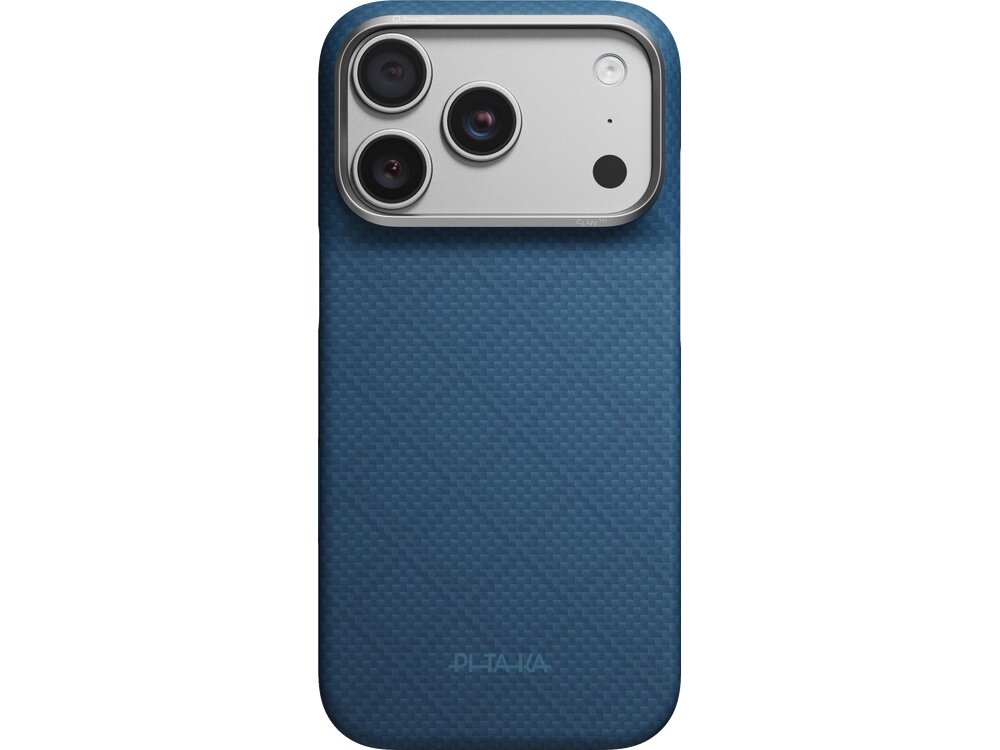 Granatowe etui na telefon z trzema widocznymi obiektywami aparatu i logo PITAKA na dole. Powierzchnia etui ma teksturę w kratkę.