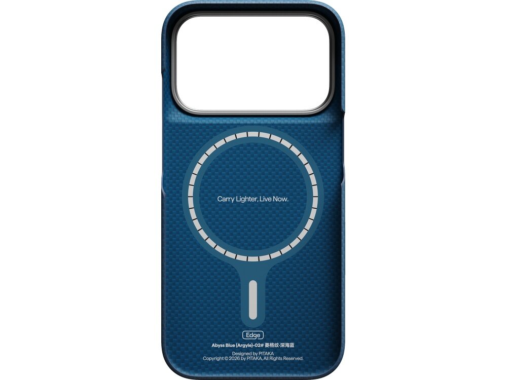 Granatowe etui z okrągłym wzorem i napisem \'Carry Lighter. Live Now.\' na środku. Na dole widnieje napis \'Abyss Blue (Argyle)-02\' oraz \'Designed by PITAKA\'.