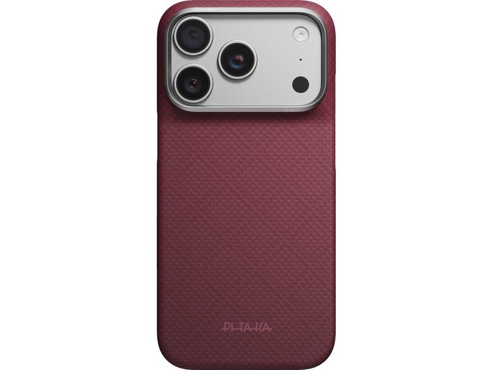 Burgundowe etui na telefon z trzema widocznymi obiektywami aparatu i logo \'PITAKA\' na dole. Powierzchnia etui ma teksturę przypominającą wzór argyle.