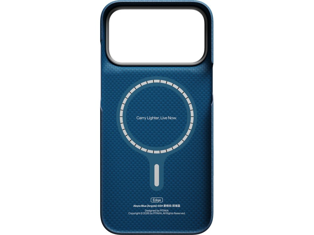 Granatowe etui z okrągłym wzorem i napisem \'Carry Lighter. Live Now.\' na środku. Na dole widoczny jest napis \'Abyss Blue (Argyle) Designed by PITAKA Copyright © 2023 by PITAKA. All Rights Reserved.\'