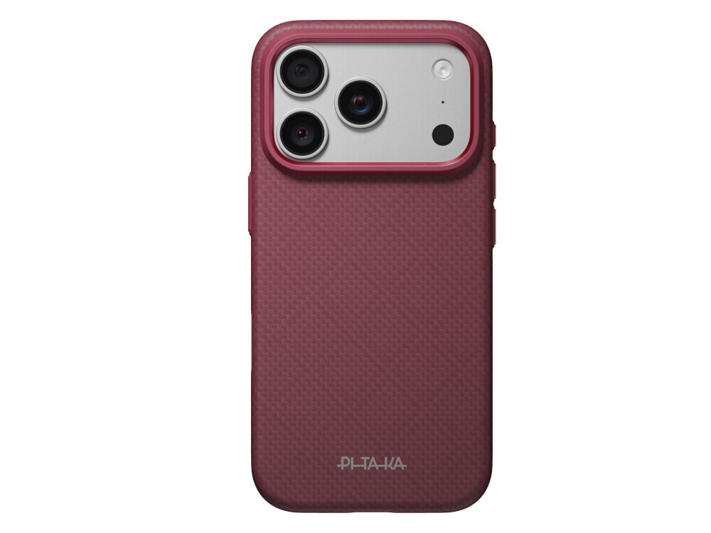 Burgundowe etui na telefon z trzema widocznymi obiektywami aparatu i logo \'PITAKA\' na dole. Powierzchnia etui ma teksturę przypominającą siatkę.
