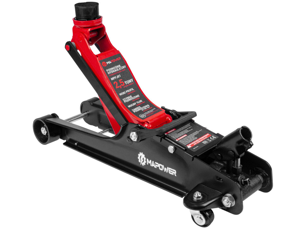 Na obrazie znajduje się podnośnik hydrauliczny w kolorach czarnym i czerwonym z widocznym logo \'MAPOWER\'. Na czerwonej części widoczny jest tekst: \'PODNOŚNIK HYDRAULICZNY MPFJ01 2.5 TONY\'.