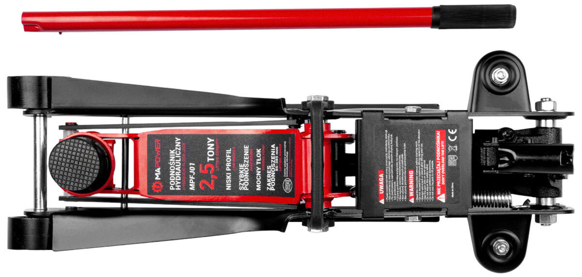 Podnośnik hydrauliczny z czerwonym uchwytem i czarną podstawą, z widocznym napisem: \'MAPOWER Podnośnik hydrauliczny MPFJ01 2,5 tony\'.