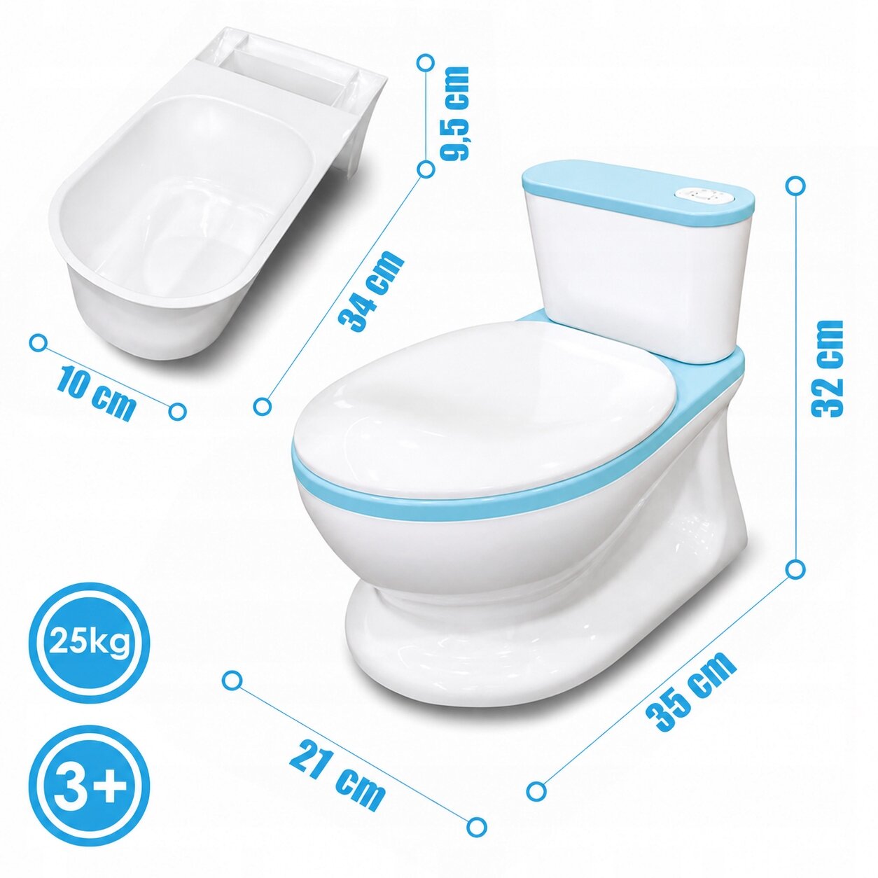 Obraz przedstawia interaktywny nocnik dla dzieci w kolorze białym z niebieskimi elementami, z zaznaczonymi wymiarami: 35 cm, 32 cm, 21 cm, 34 cm, 10 cm, 9,5 cm. Widoczne są również oznaczenia \'25kg\' i \'3+\'.