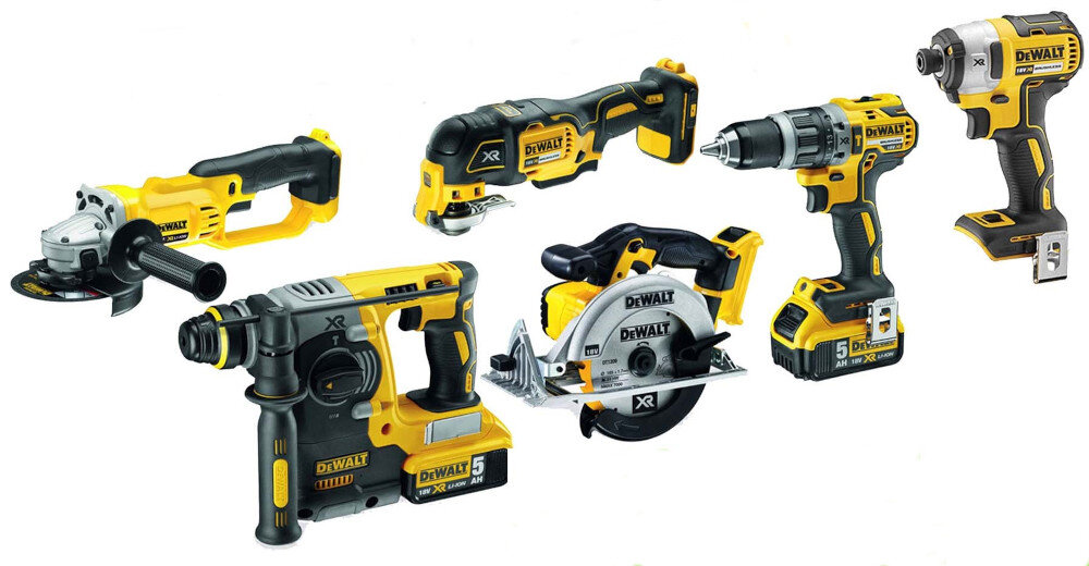 Zestaw elektronarzędzi DEWALT DCK654P3T w zestawie zakrętarka DCF narzędzie wielofunkcyjne DCS355 szlifierka kątowa DCG412 pilarka tarczowa DCS391 młotowiertarka DCH273 wiertarko-wkrętarka DCD796 zasilane za pomocą akumulatorów 18 V wydajność niezawodność komfort pracy niezależność od zasilania sieciowego