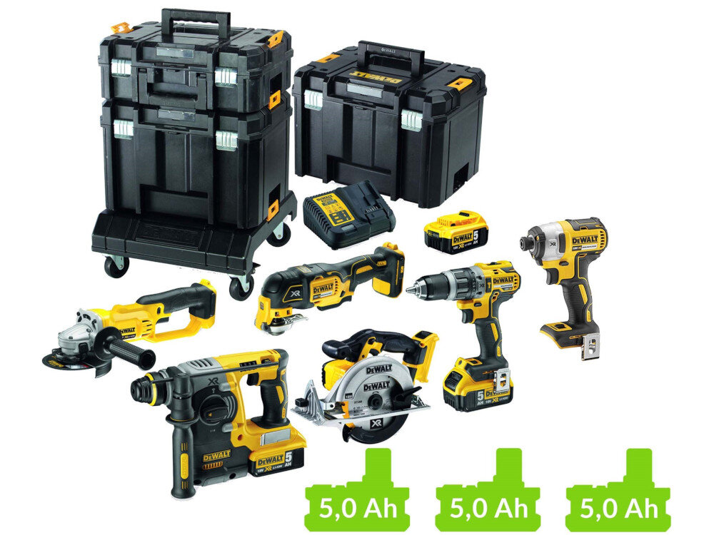 Zestaw elektronarzędzi DEWALT DCK654P3T w zestawie zakrętarka udarowa DCF887 narzędzie wielofunkcyjne DCS355 szlifierka kątowa DCG412 pilarka tarczowa DCS391 młotowiertarka DCH273 wiertarko-wkrętarka DCD796 3 akumulatory ładowarka 2 walizki systemowe TSTAK VI walizka systemowa TSTAK II platforma transportowa instrukcja obsługi w języku polskim karta gwarancyjna