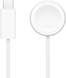Obraz przedstawia biały kabel z okrągłą końcówką do ładowania oraz złącze USB-C.