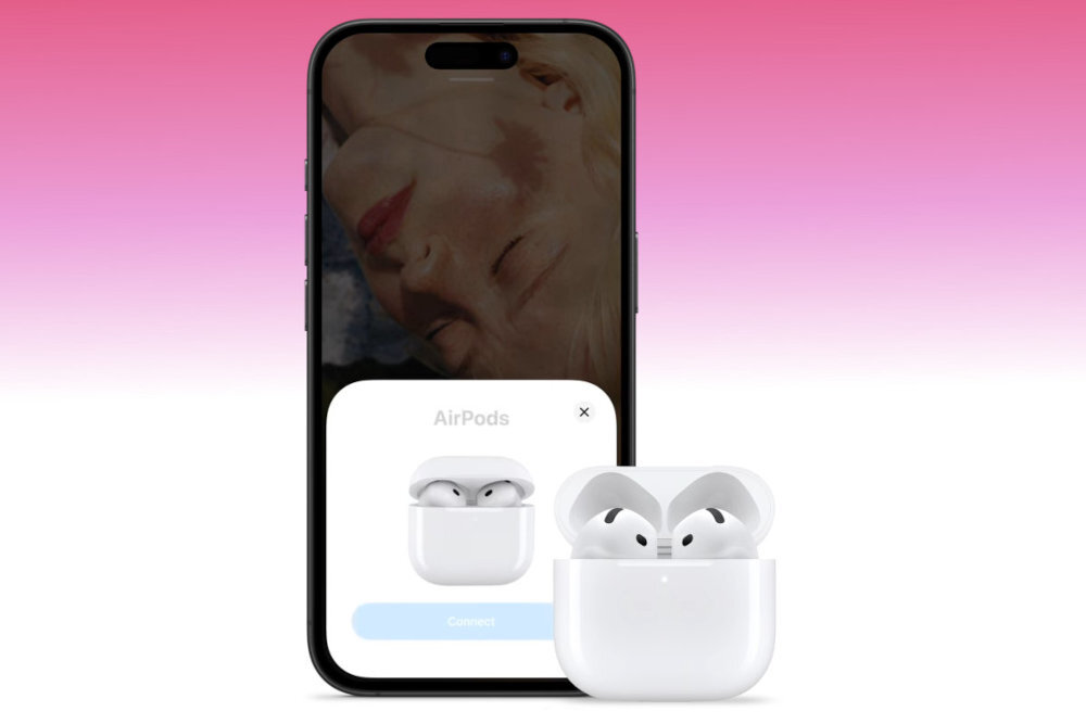 Apple AirPods 5 Aplikacja Znajdź położenie AirPods 5 powiadomienie poza zasięgiem Bluetooth - Otwarte, zaokrąglone etui ładujące