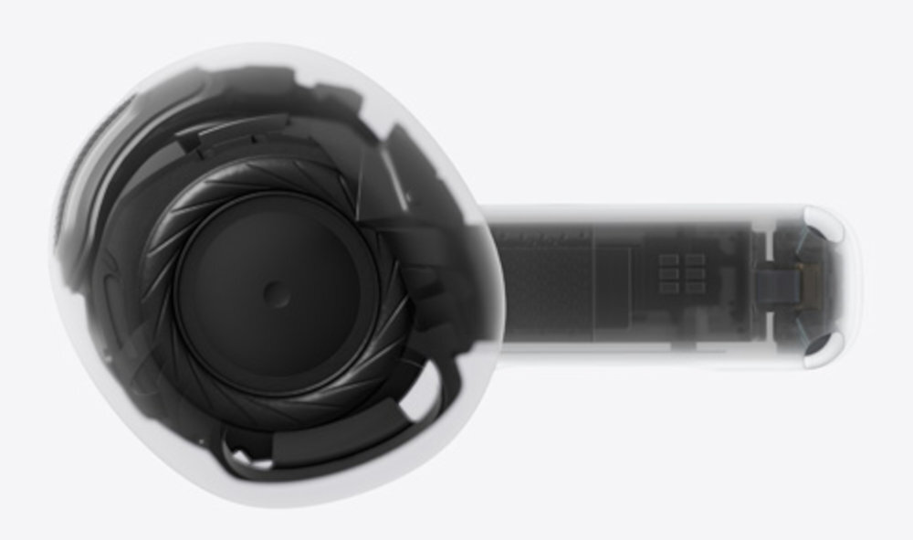Apple AirPods 5 Aktywna redukcja hałasu zaawansowany dźwięk obliczeniowy przeprojektowaną architekturę akustyczną Tłumienie hałasu 1,5x skuteczniejsz poprzednią generacją -Przekrój wewnętrzny słuchawki dousznej ukazujący zaawansowane układy elektroniczne, membranę oraz budowę ukrytego głośnika