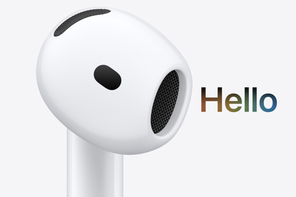 Apple AirPods 5 Dwa mikrofony wyraźne połączenia głosowe izolacja głosu dźwięk obliczeniowy uwydatniania głosu redukcji hałasu - Detal górnej części obudowy słuchawki z widocznymi maskownicami głośnika