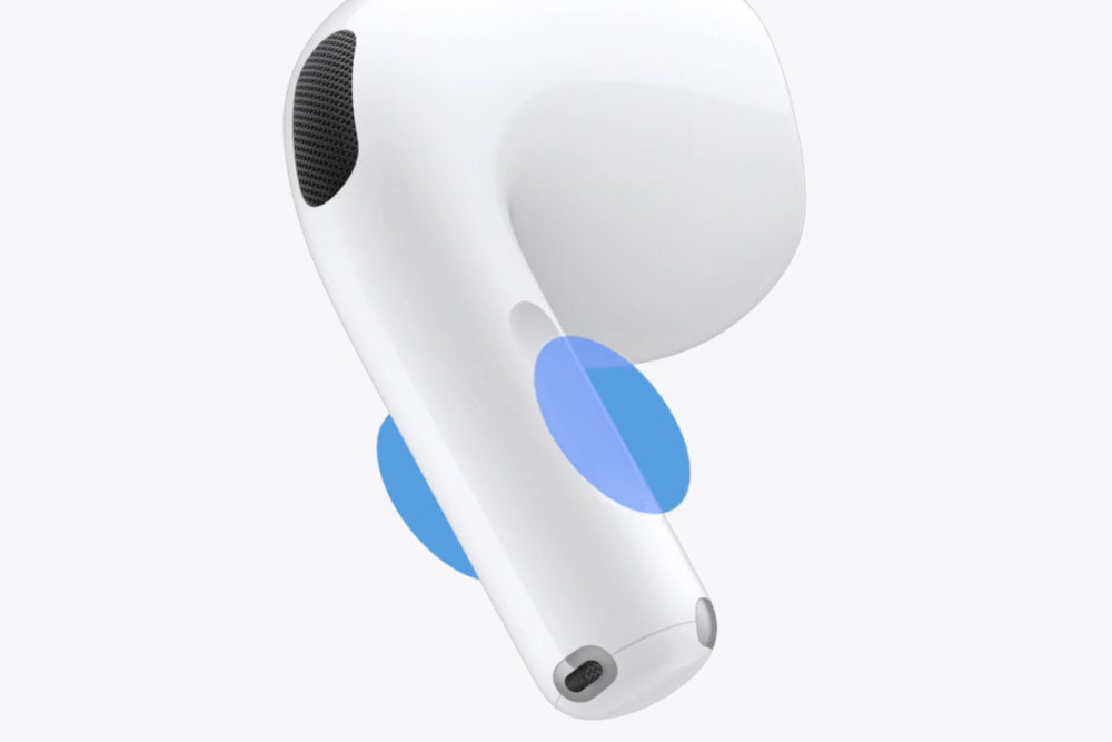 Apple AirPods 5 Czujnik nacisku regulację głośności muśnięciem palca zmieniać poziom dźwięku iPhone’a - Trzon słuchawki dousznej z naniesionymi dwiema półprzezroczystymi elipsami