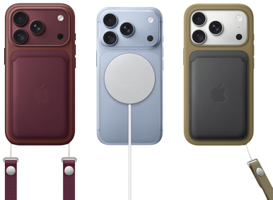 Trzy smartfony z widocznymi aparatami i etui w różnych kolorach: bordowym, niebieskim i oliwkowym. Środkowy telefon ma podłączoną okrągłą ładowarkę magnetyczną.