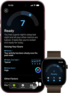 Obraz przedstawia smartfon i zegarek z wyświetlonymi aplikacjami monitorującymi zdrowie. Na ekranie smartfona widoczny jest tekst: \'Ready You had a good night\'s sleep last night and all your other metrics are typical. It looks like you\'re rested and ready for today.\'
