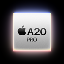 Kwadratowy element z logo jabłka i napisem \'A20 PRO\' na ciemnym tle.