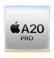 Kwadratowy symbol z logo jabłka oraz tekstem \'A20 PRO\' na srebrnym tle.