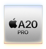 Kwadratowy element z logo jabłka oraz tekstem \'A20 PRO\' na srebrnym tle.