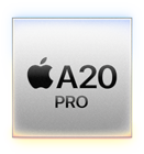 Kwadratowy symbol z logo jabłka oraz tekstem \'A20 PRO\' na srebrnym tle.