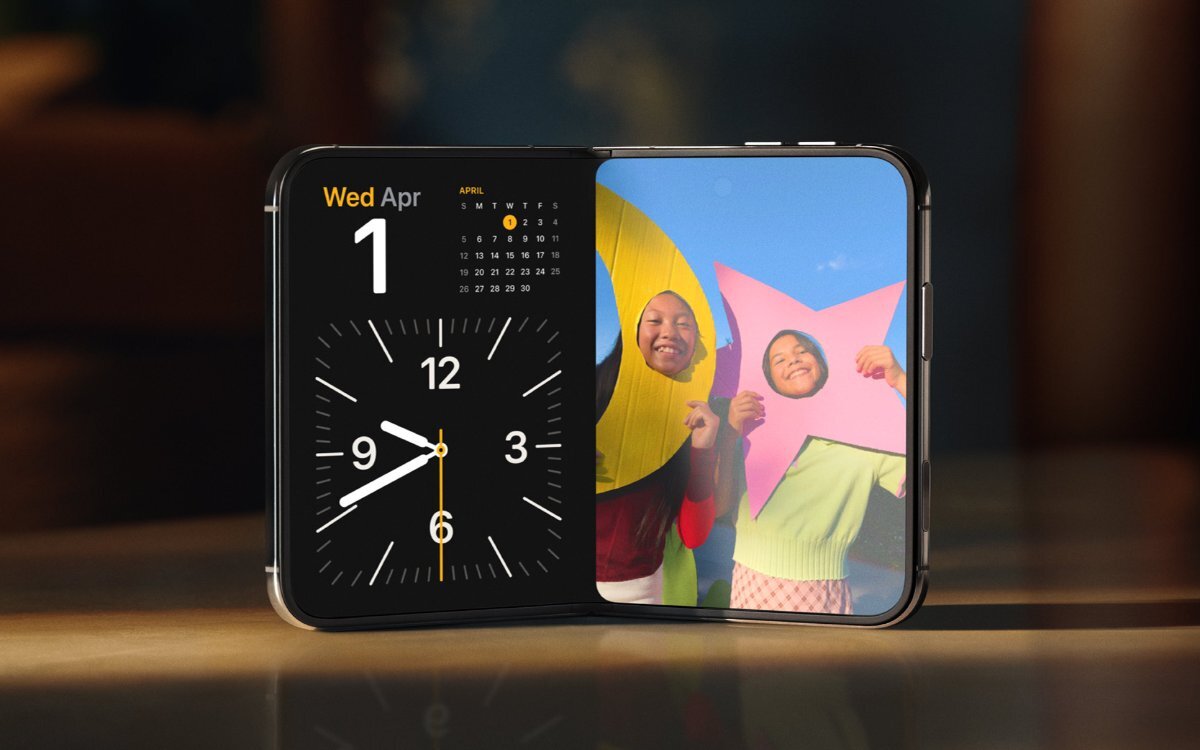 Zegarek, kalendarz oraz tapeta widoczne na ekranach iPhone Duo.
