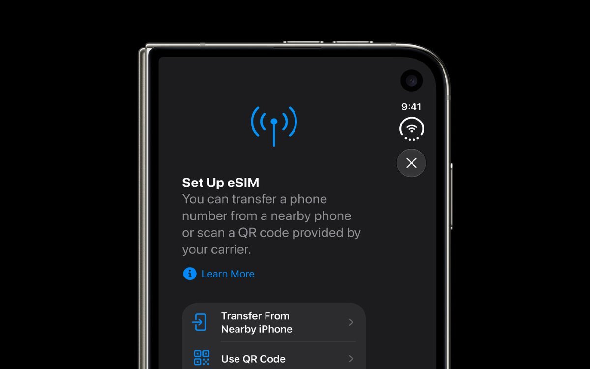 Ekran iPhone Duo na czarnym tle, na ekranie widoczne jest menu funckji eSIM.